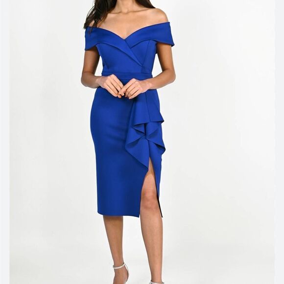 Frank Lyman Collection Azure Colbalt Blue Off the Shoulder Ruffle Dress Size 4 - Picture 1 of 8